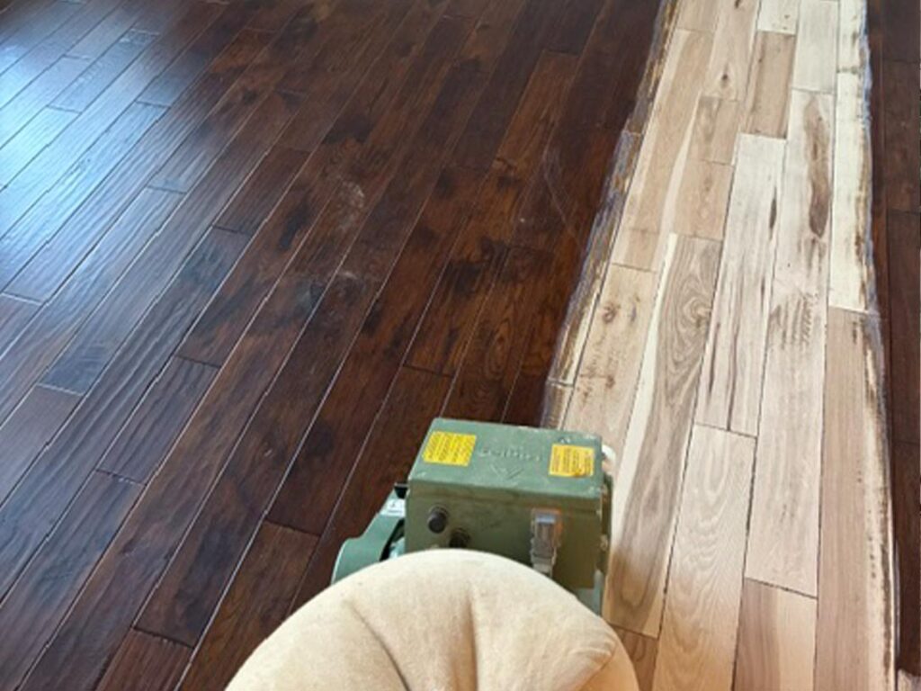 Sanding hickory pecan hardwood flooring to bare wood in Alamo CA